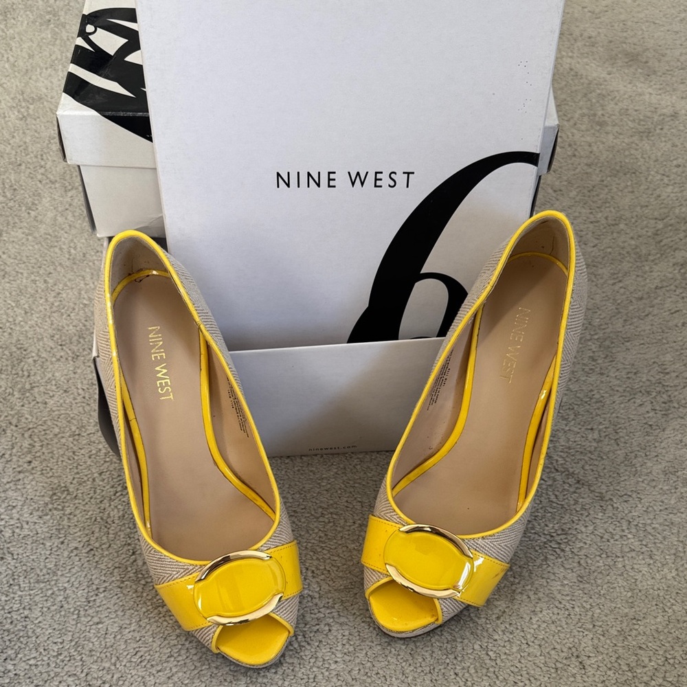 Nine West Yellow and Tan Peep Toe Heels